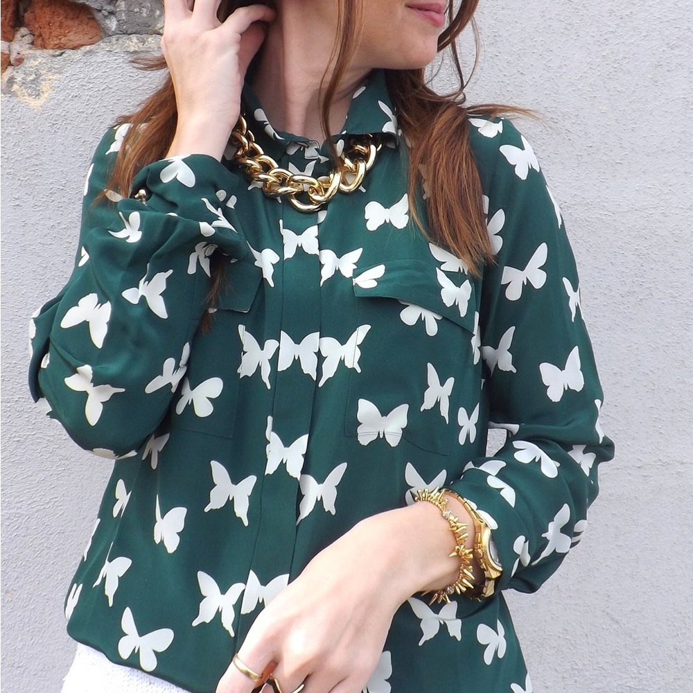 Silk butterfly button down blouse